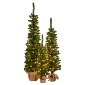 christabelle set of 3 pre lit christmas trees green pine led lights hessian base individual plu 112 hzgb3
